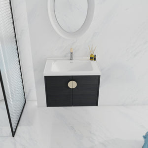 English Elm 28 Inch Wall-Mounted Bathroom Vanity with Ceramic Sink, Soft-Close Doors, Metal Handles, Water-Resistant Plywood Storage (KD) W999111976