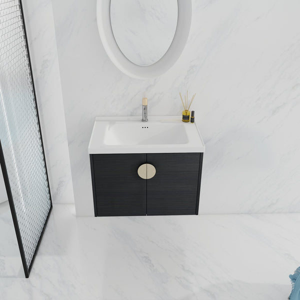 English Elm 28 Inch Wall-Mounted Bathroom Vanity with Ceramic Sink, Soft-Close Doors, Metal Handles, Water-Resistant Plywood Storage (KD) W999111976