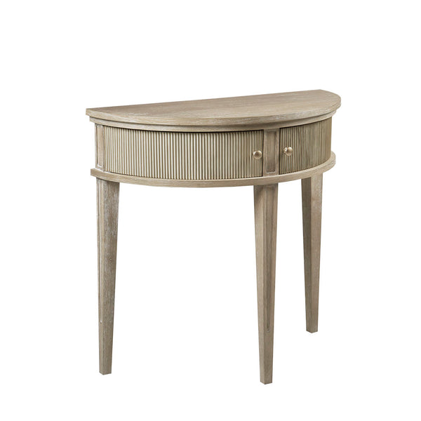 English Elm Storage Console Table Demilune 31" Vintage Reclaimed Greige Console with Fluted Doors & Bronze Knobs B035118619