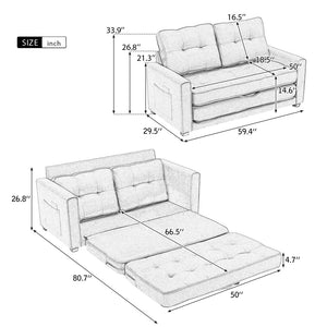 English Elm 59.4" Loveseat Sofa With Pull-Out Bed Modern Upholstered Couch With Side Pocket For Living Room Office, Grey