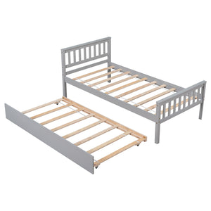 English Elm Twin Bed with Trundle Platform Frame Headboard & Footboard for Small Spaces, Solid Pine Design, No Box Spring Needed Grey W50422210
