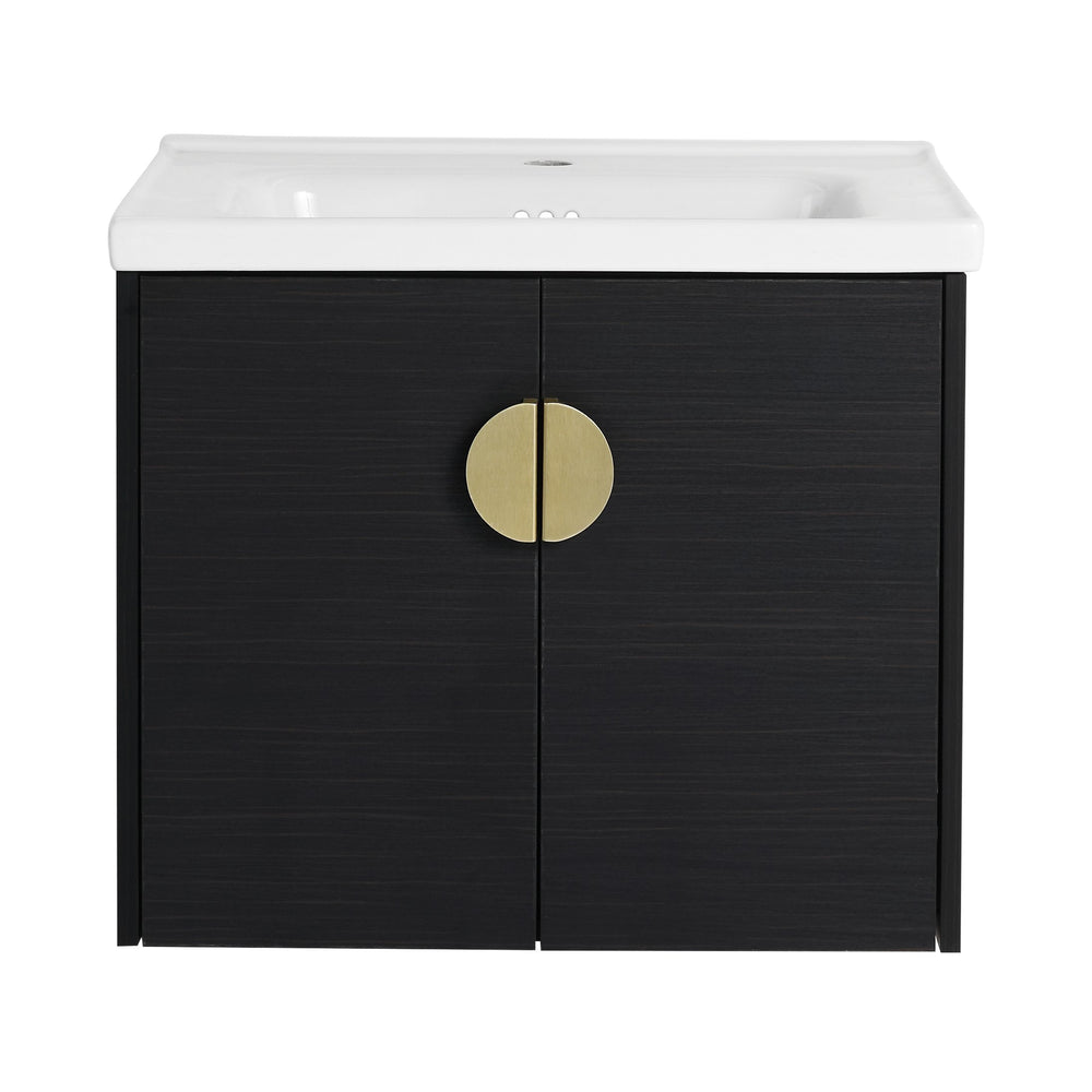 English Elm 24 Inch Wall Mounted Bathroom Vanity With Ceramic Sink, Soft-Close Two-Door Cabinet, Water-Resistant Finish, Metal Handles, Space-Saving Design (KD) W999111975