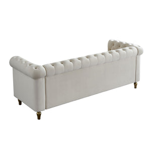 English Elm Chesterfield Velvet Rolled Arm Sofa 84.65" Beige with Gold Trim, Deep Tufting & High-Density Comfort W57991499