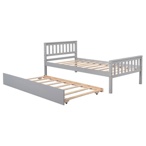English Elm Twin Bed with Trundle Platform Frame Headboard & Footboard for Small Spaces, Solid Pine Design, No Box Spring Needed Grey W50422210