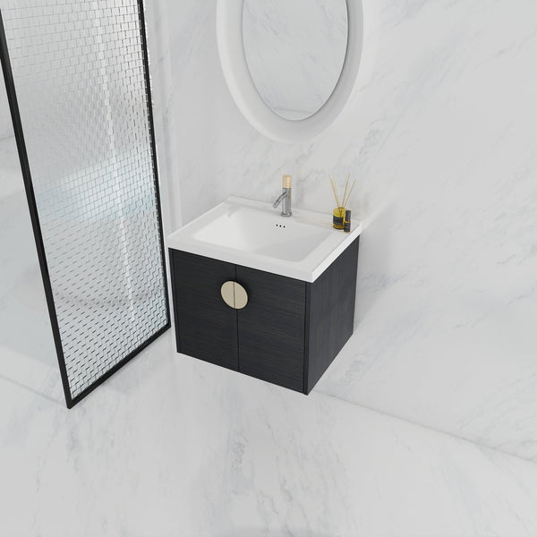 English Elm 24 Inch Wall Mounted Bathroom Vanity With Ceramic Sink, Soft-Close Two-Door Cabinet, Water-Resistant Finish, Metal Handles, Space-Saving Design (KD) W999111975