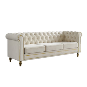 English Elm Chesterfield Velvet Rolled Arm Sofa 84.65" Beige with Gold Trim, Deep Tufting & High-Density Comfort W57991499