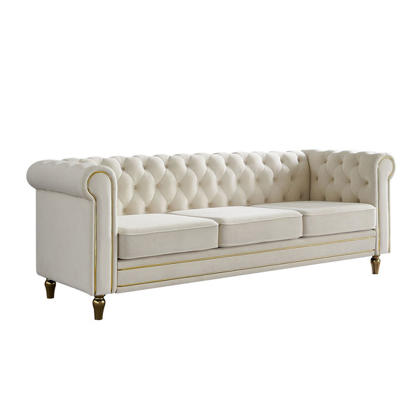 English Elm Chesterfield Velvet Rolled Arm Sofa 84.65" Beige with Gold Trim, Deep Tufting & High-Density Comfort W57991499