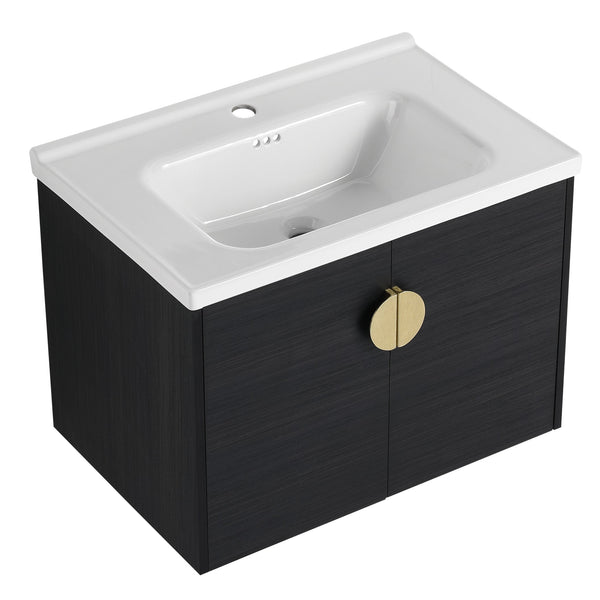 English Elm 40 Inch Wall-Mounted Vanity with Ceramic Sink, Soft-Close Double Doors, Metal Handles & Shelf Storage W999S00148