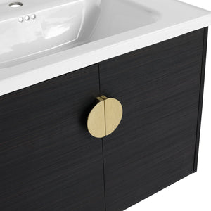 English Elm 28 Inch Wall-Mounted Bathroom Vanity with Ceramic Sink, Soft-Close Doors, Metal Handles, Water-Resistant Plywood Storage (KD) W999111976
