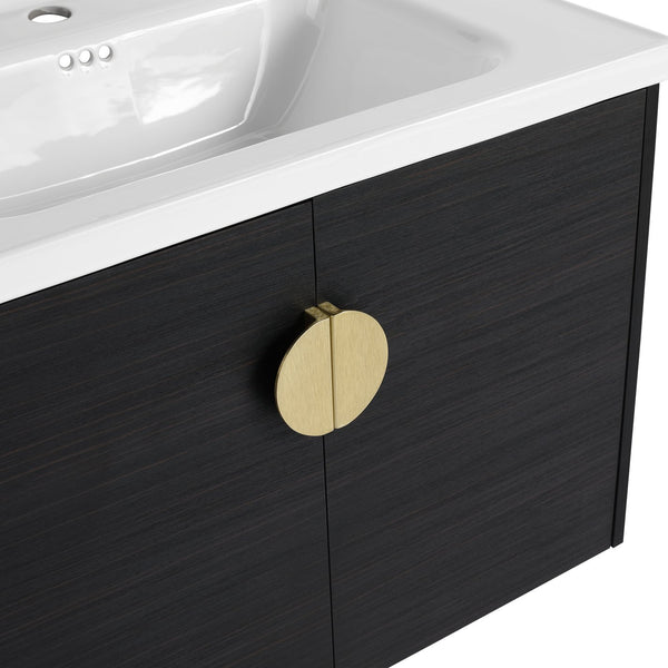 English Elm 28 Inch Wall-Mounted Bathroom Vanity with Ceramic Sink, Soft-Close Doors, Metal Handles, Water-Resistant Plywood Storage (KD) W999111976