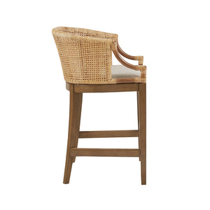 English Elm Handcrafted Playa Counter Stool 25" H — Natural Rattan Back, Linen Cushion, Elm Legs with Bronze Kickplate B035118576