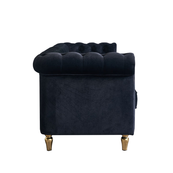 English Elm Chesterfield Velvet Sofa 84.65" Rolled Arm Deep Tufting Gold Trim & Feet Luxurious Black Comfort W57991500