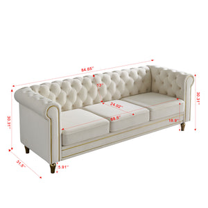 English Elm Chesterfield Velvet Rolled Arm Sofa 84.65" Beige with Gold Trim, Deep Tufting & High-Density Comfort W57991499