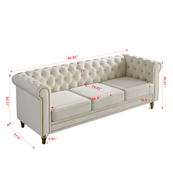 English Elm Chesterfield Velvet Rolled Arm Sofa 84.65" Beige with Gold Trim, Deep Tufting & High-Density Comfort W57991499
