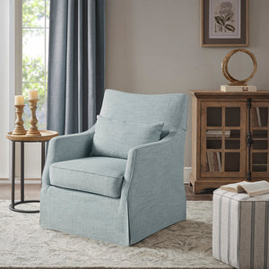 English Elm Skirted London Swivel Chair by Martha Stewart in Light Blue Upholstery - 360° Rotating Accent Seat, Plush Cushioning B035118612