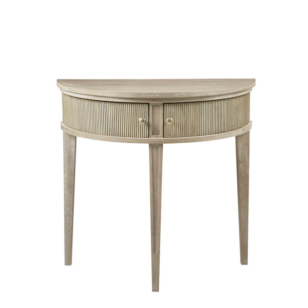 English Elm Storage Console Table Demilune 31" Vintage Reclaimed Greige Console with Fluted Doors & Bronze Knobs B035118619