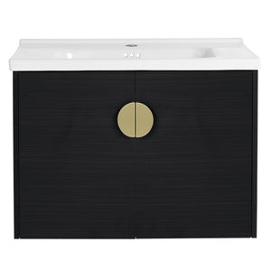 English Elm 28 Inch Wall-Mounted Bathroom Vanity with Ceramic Sink, Soft-Close Doors, Metal Handles, Water-Resistant Plywood Storage (KD) W999111976