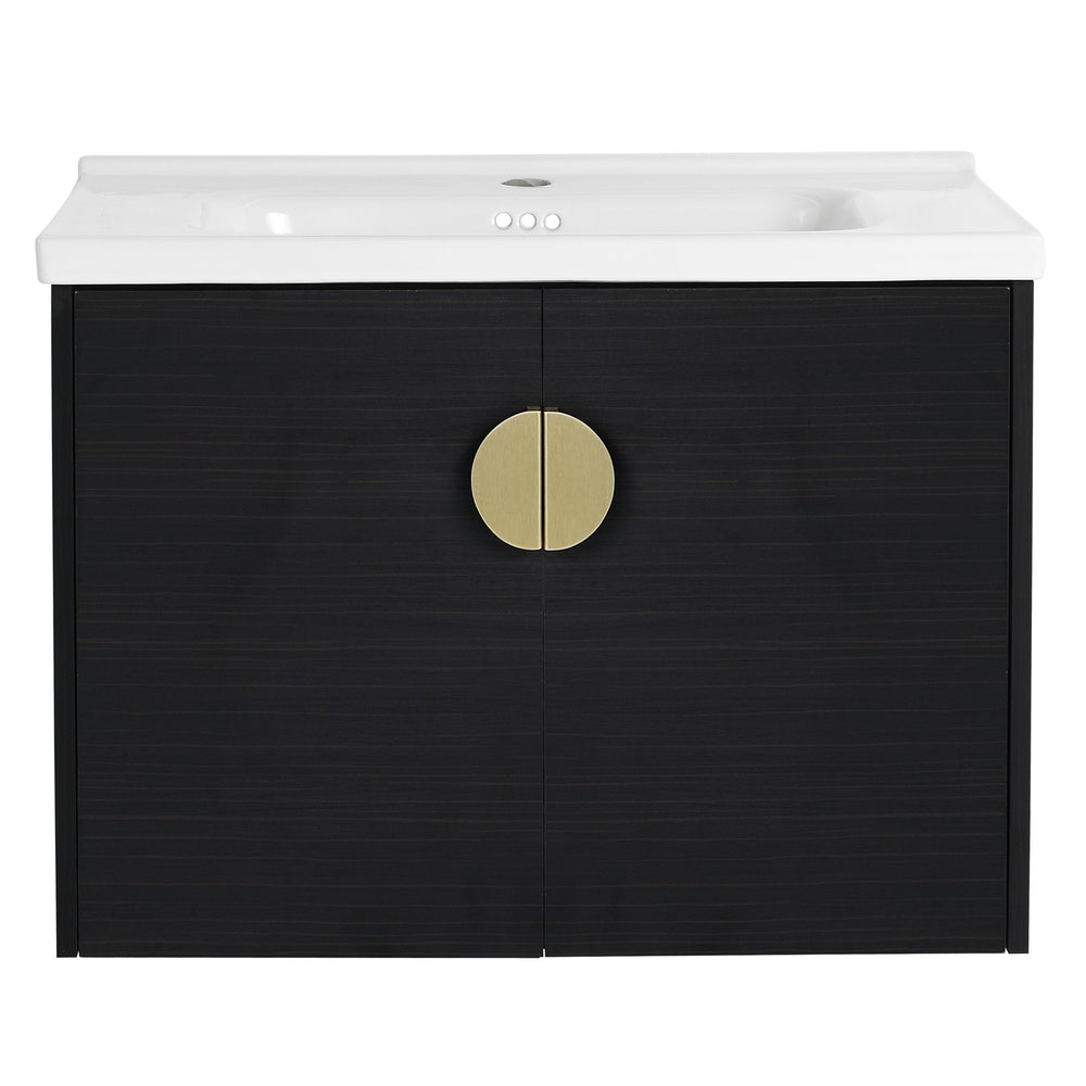 English Elm 40 Inch Wall-Mounted Vanity with Ceramic Sink, Soft-Close Double Doors, Metal Handles & Shelf Storage W999S00148