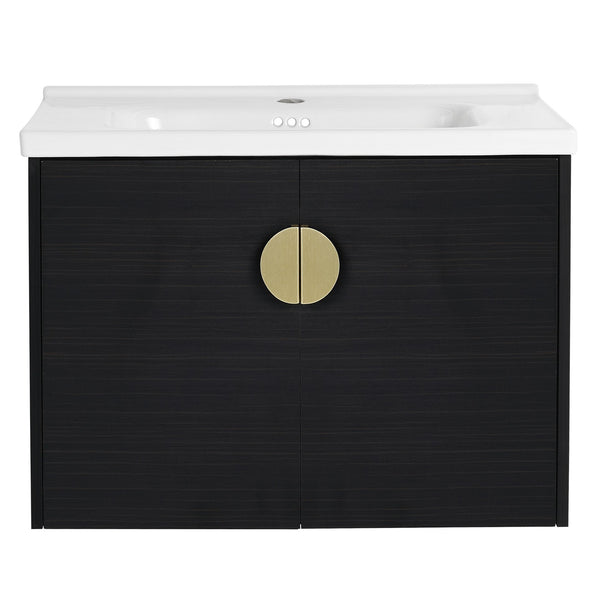 English Elm 40 Inch Wall-Mounted Vanity with Ceramic Sink, Soft-Close Double Doors, Metal Handles & Shelf Storage W999S00148