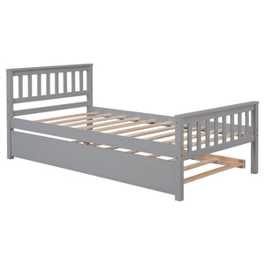 English Elm Twin Bed with Trundle Platform Frame Headboard & Footboard for Small Spaces, Solid Pine Design, No Box Spring Needed Grey W50422210