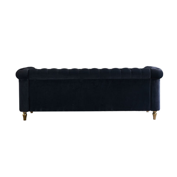 English Elm Chesterfield Velvet Sofa 84.65" Rolled Arm Deep Tufting Gold Trim & Feet Luxurious Black Comfort W57991500