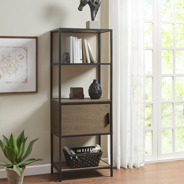 English Elm 3-Shelf Bookcase with Storage Cabinet - Reclaimed Gray Wood Veneer, Metal Frame, Compact 64"H Organizer B035118581
