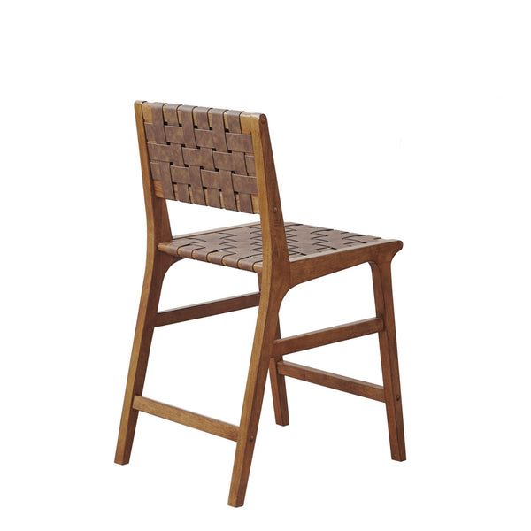 English Elm Faux Leather Woven Counter Stool Oslo — Mid-Century Pecan Wood Frame, Durable PU Blend Seat, 24"H Comfortable B035118570