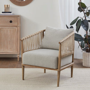 English Elm Accent Arm Chair Madison Park Odessa Coastal Jute Weave Lounge Chair with Removable Pillow, Honey Walnut Frame, Plush Seat Cushion B035118539