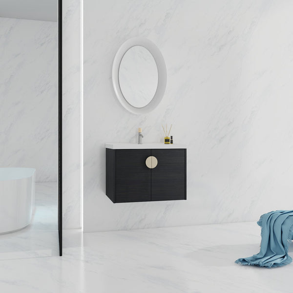 English Elm 28 Inch Wall-Mounted Bathroom Vanity with Ceramic Sink, Soft-Close Doors, Metal Handles, Water-Resistant Plywood Storage (KD) W999111976