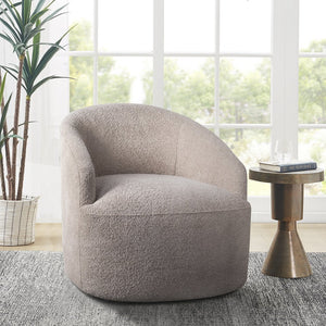 English Elm Upholstered Beige Bouclé 360° Swivel Chair with Sloped Arms, Modern Barrel Accent Seat, 30"W B035118603