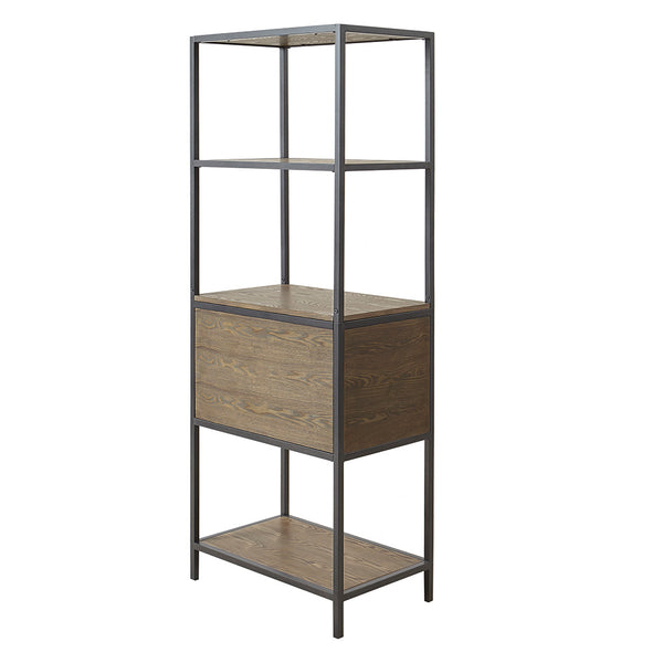 English Elm 3-Shelf Bookcase with Storage Cabinet - Reclaimed Gray Wood Veneer, Metal Frame, Compact 64"H Organizer B035118581