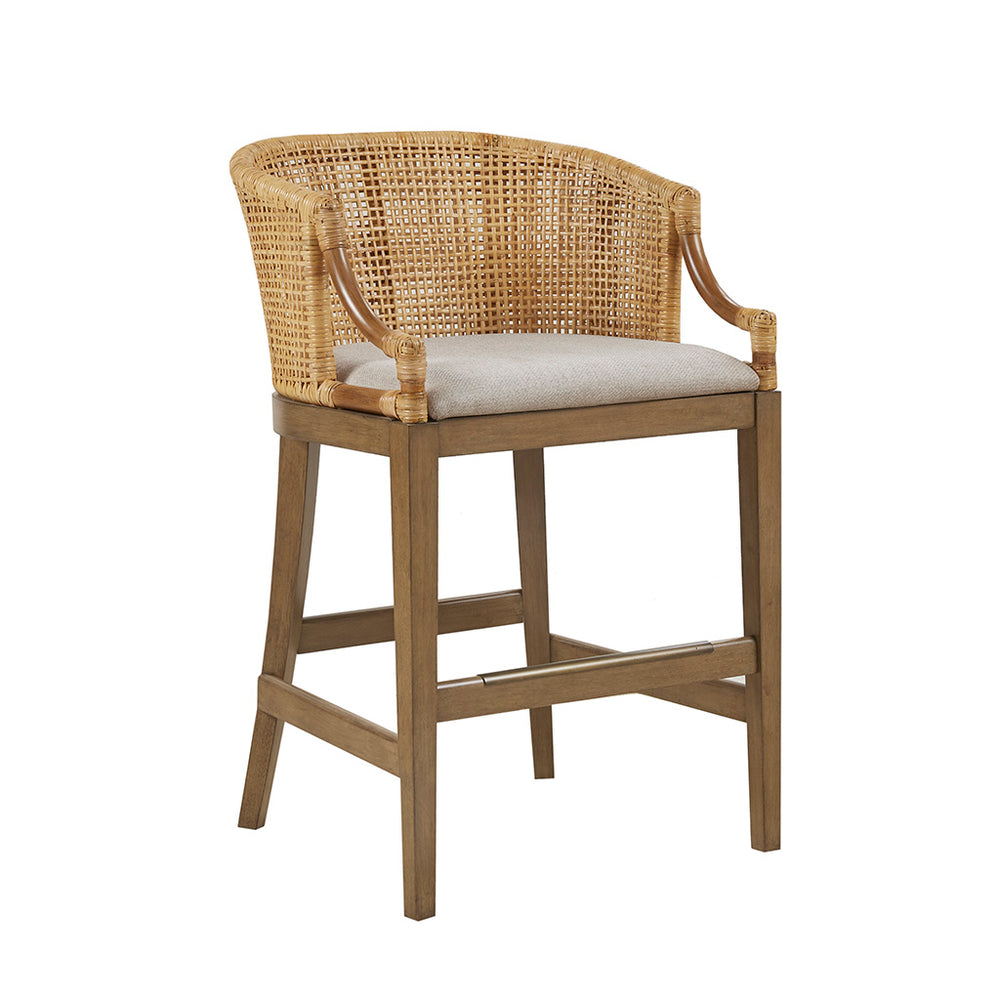 English Elm Handcrafted Playa Counter Stool 25" H — Natural Rattan Back, Linen Cushion, Elm Legs with Bronze Kickplate B035118576