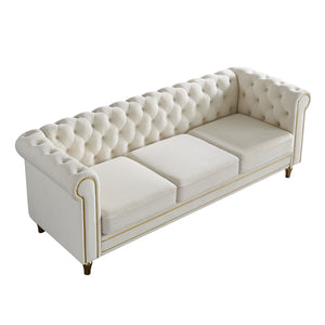 English Elm Chesterfield Velvet Rolled Arm Sofa 84.65" Beige with Gold Trim, Deep Tufting & High-Density Comfort W57991499