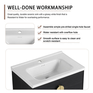 English Elm 28 Inch Wall-Mounted Bathroom Vanity with Ceramic Sink, Soft-Close Doors, Metal Handles, Water-Resistant Plywood Storage (KD) W999111976