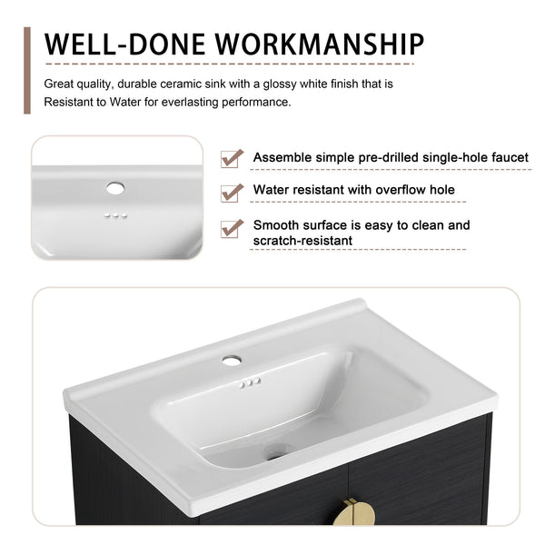 English Elm 28 Inch Wall-Mounted Bathroom Vanity with Ceramic Sink, Soft-Close Doors, Metal Handles, Water-Resistant Plywood Storage (KD) W999111976