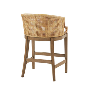 English Elm Handcrafted Playa Counter Stool 25" H — Natural Rattan Back, Linen Cushion, Elm Legs with Bronze Kickplate B035118576