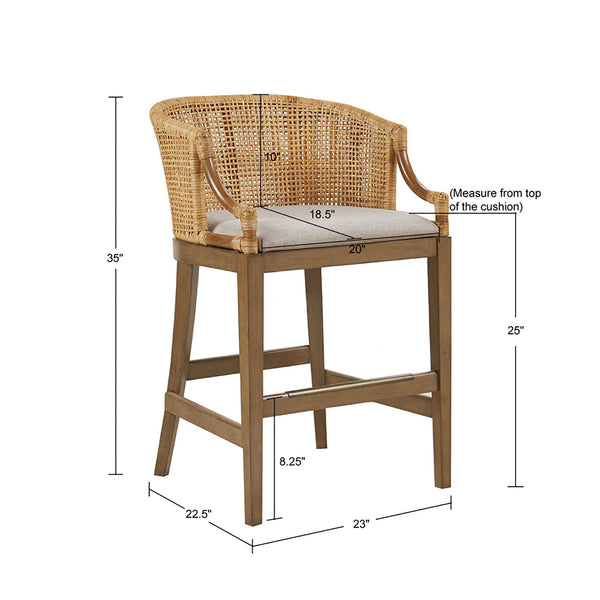 English Elm Handcrafted Playa Counter Stool 25" H — Natural Rattan Back, Linen Cushion, Elm Legs with Bronze Kickplate B035118576