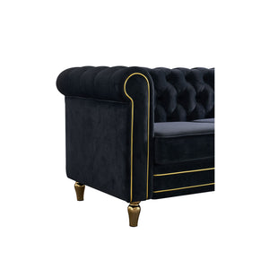 English Elm Chesterfield Velvet Sofa 84.65" Rolled Arm Deep Tufting Gold Trim & Feet Luxurious Black Comfort W57991500