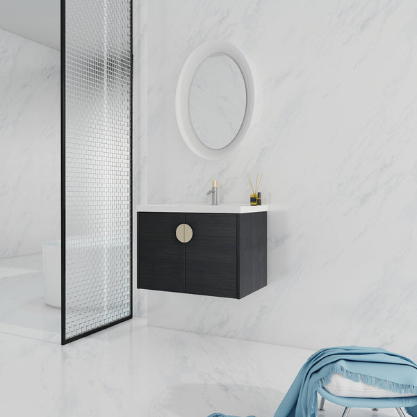 English Elm 28 Inch Wall-Mounted Bathroom Vanity with Ceramic Sink, Soft-Close Doors, Metal Handles, Water-Resistant Plywood Storage (KD) W999111976