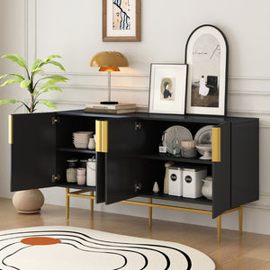 English Elm Trexm Four Door Buffet Cabinet with Gold Legs and Wavy Relief Panels for Dining Room WF304382AAB