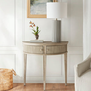 English Elm Storage Console Table Demilune 31" Vintage Reclaimed Greige Console with Fluted Doors & Bronze Knobs B035118619