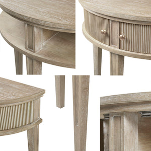 English Elm Storage Console Table Demilune 31" Vintage Reclaimed Greige Console with Fluted Doors & Bronze Knobs B035118619