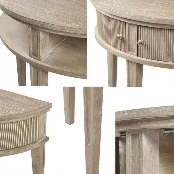 English Elm Storage Console Table Demilune 31" Vintage Reclaimed Greige Console with Fluted Doors & Bronze Knobs B035118619