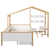 Hearth and Haven Full Size House Bed with Drawer, Desk and Bookshelf, White and Natural