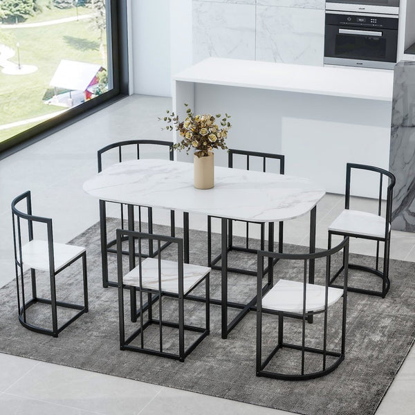 English Elm Topmax Seven Piece Faux Marble Dining Set Iron Frame Seats Six Compact Modern Kitchen N717S000017B
