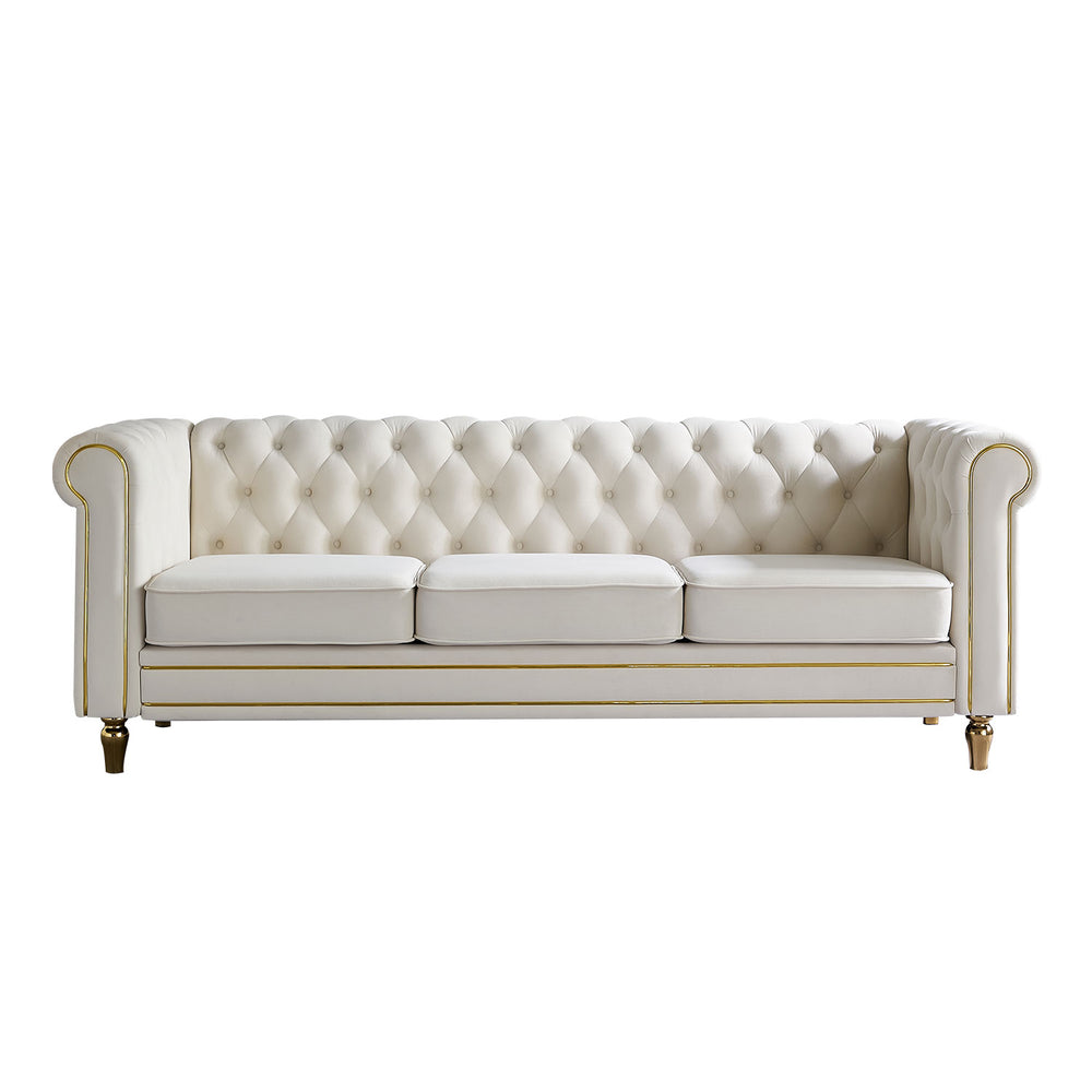 English Elm Chesterfield Velvet Rolled Arm Sofa 84.65" Beige with Gold Trim, Deep Tufting & High-Density Comfort W57991499