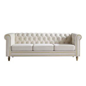 English Elm Chesterfield Velvet Rolled Arm Sofa 84.65" Beige with Gold Trim, Deep Tufting & High-Density Comfort W57991499