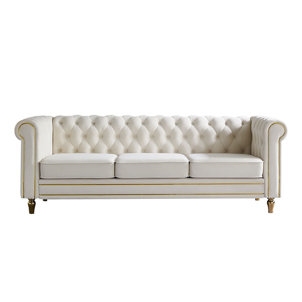 English Elm Chesterfield Velvet Rolled Arm Sofa 84.65" Beige with Gold Trim, Deep Tufting & High-Density Comfort W57991499