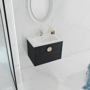 English Elm 28 Inch Wall-Mounted Bathroom Vanity with Ceramic Sink, Soft-Close Doors, Metal Handles, Water-Resistant Plywood Storage (KD) W999111976