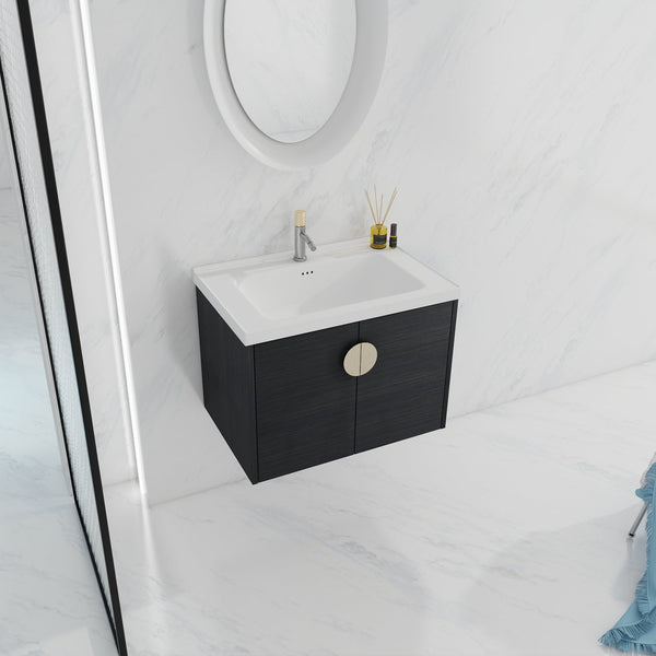 English Elm 28 Inch Wall-Mounted Bathroom Vanity with Ceramic Sink, Soft-Close Doors, Metal Handles, Water-Resistant Plywood Storage (KD) W999111976